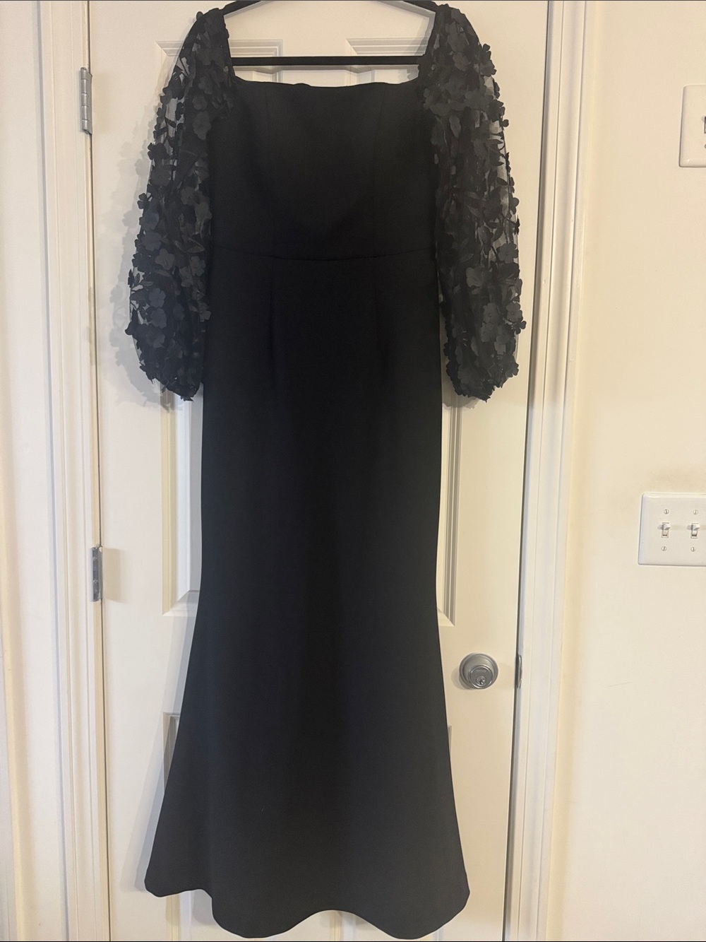 Eliza J Black Off-Shoulder Gown with Floral Appliqué Sleeves